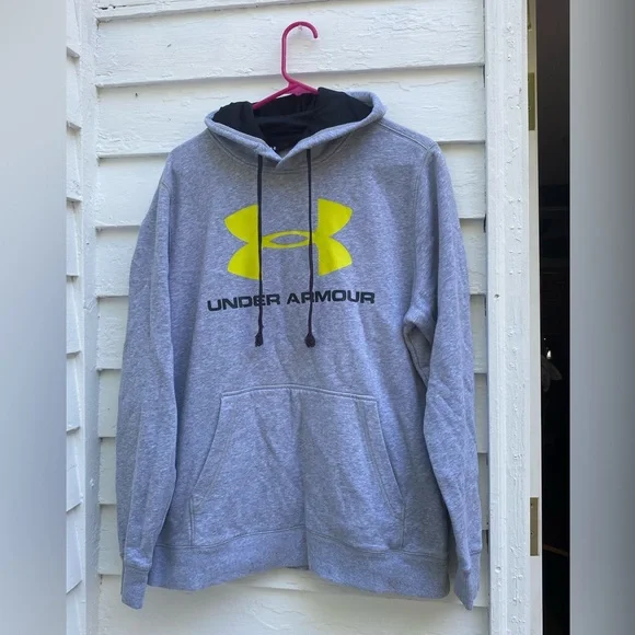 Under Armour Fitted Heather Gray Hoodie with Vibrant Yellow Logo - Picture 1 of 7